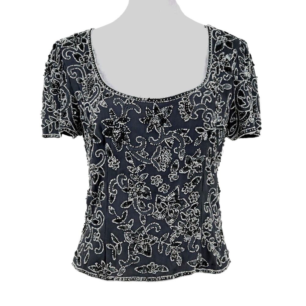 Adrianna Papell Evening Top Womens 10 Gray Silk Sequins Beads Blouse Formal